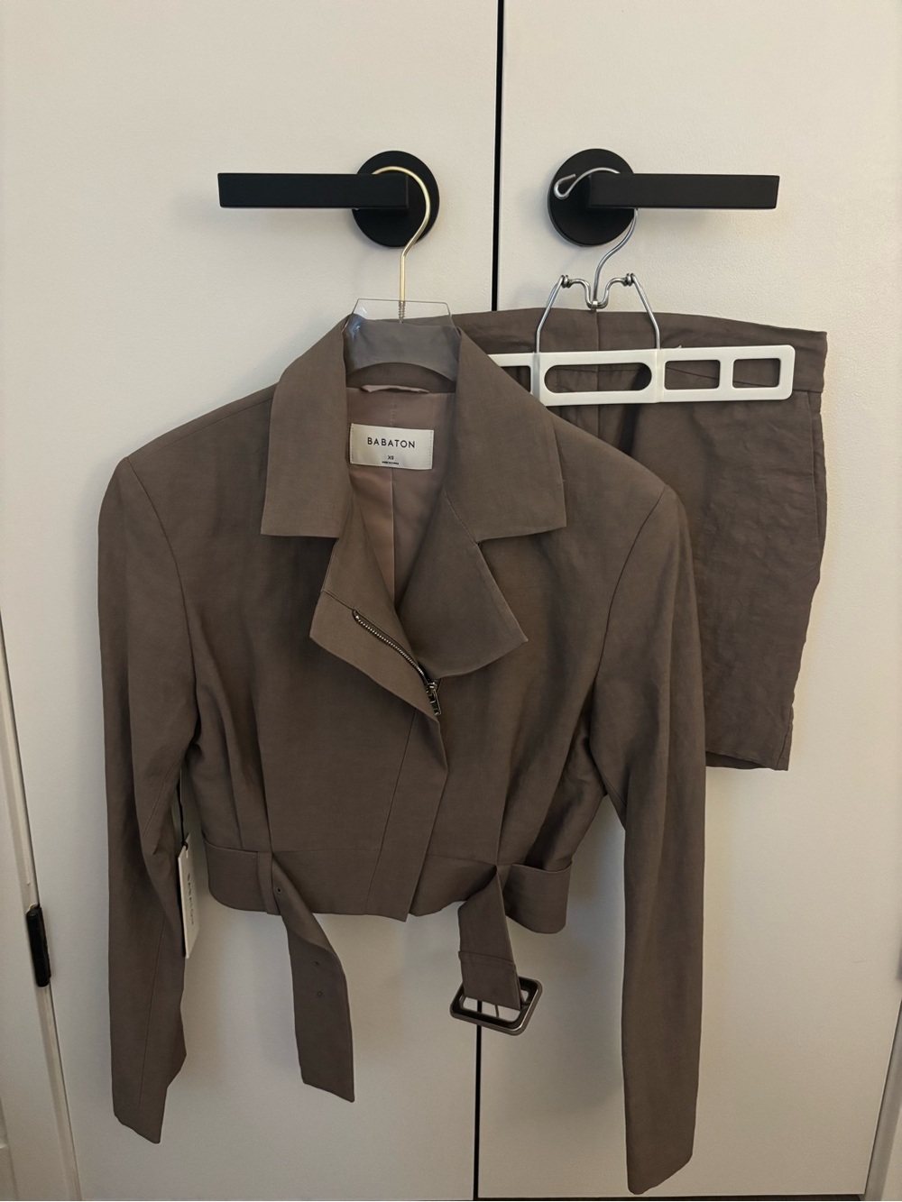 Babaton Cropped Belted Blazer in Taupe Brown